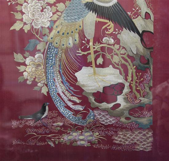 A Chinese embroidered silk bird panel, 101 x 44cm, framed